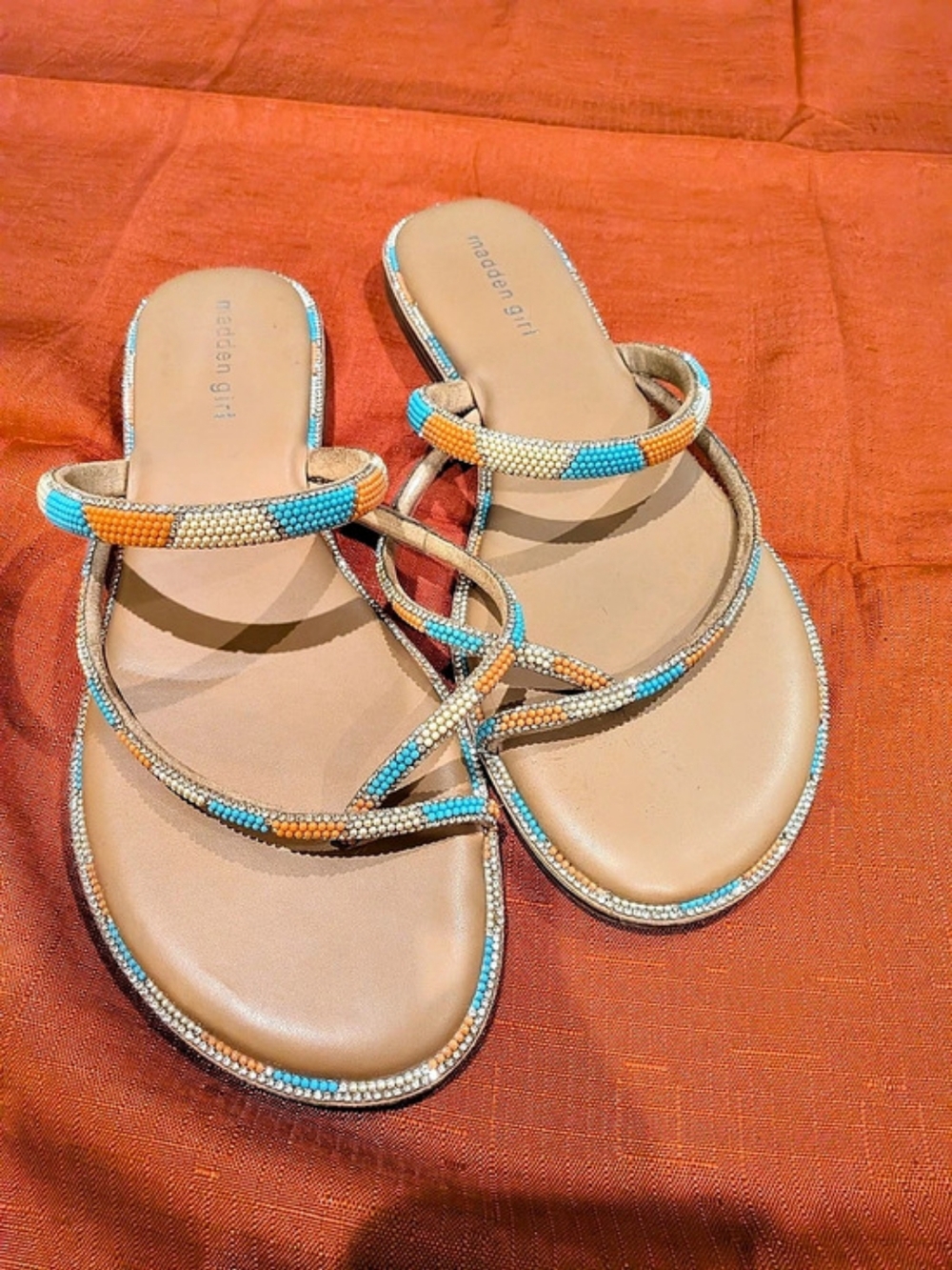 madden girl Beaded Strappy Sandals in Brown & Green, Coral. Like New